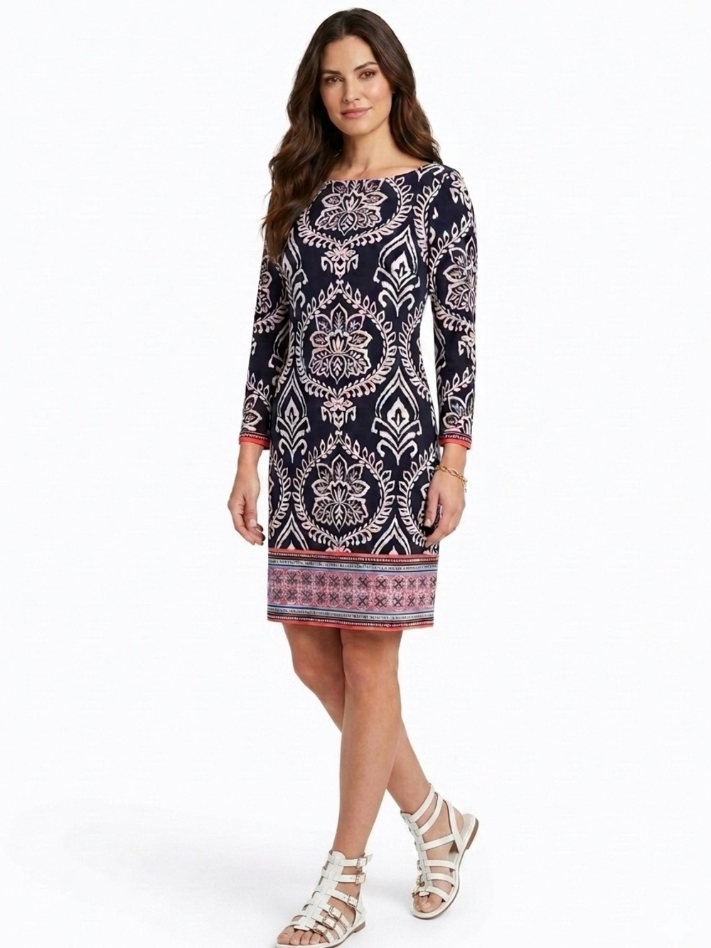 Vince Camuto Boho 3/4 Sleeve Dress 8 EUC Office Travel Navy Print